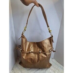 ANDRE OLIVER Leather Embossed Geometric Pattern Shoulder Bag Large Gold Metallic